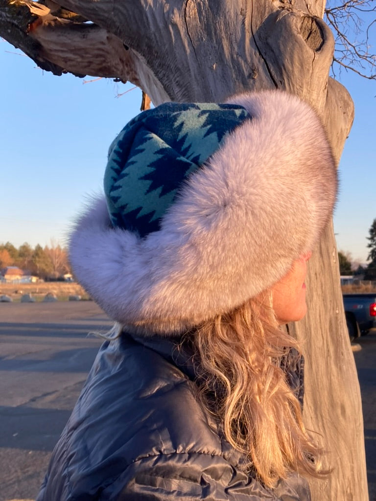 Nordic Fox Fur Hat- Blue Pendleton Wool