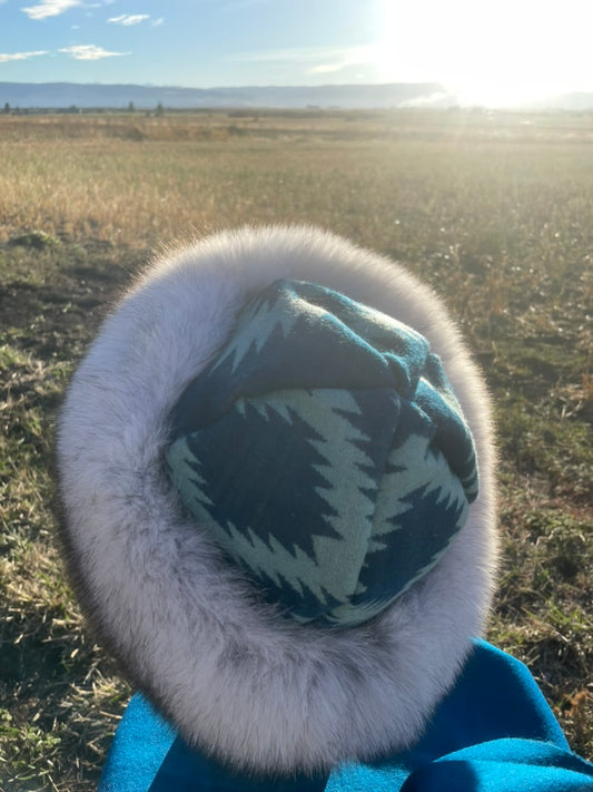 Nordic Fox Fur Hat- Blue Pendleton Wool
